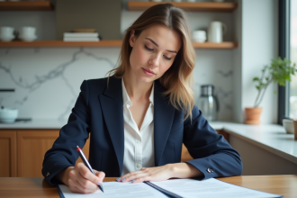 Femme d'affaires examinant des documents de prêt immobilier