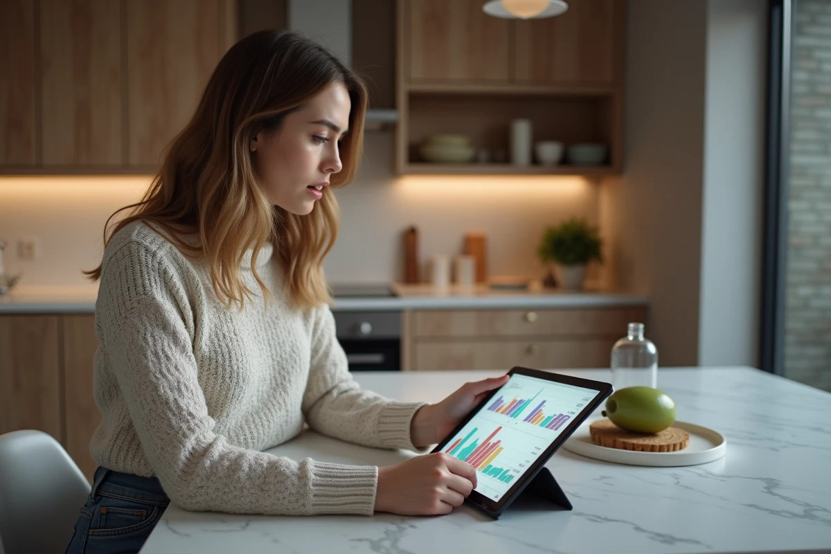 Femme étudie un graphique sur une tablette dans la cuisine