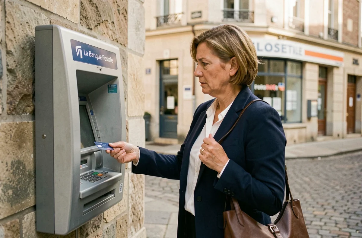 Femme utilisant un distributeur automatique La Banque Postale pour un retrait partiel en extérieur