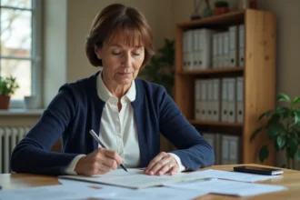 Femme consultant les documents relatifs aux conditions du RSA 2026 à son bureau à domicile