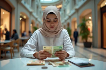 Jeune femme Emirati compte des dirhams dans un café