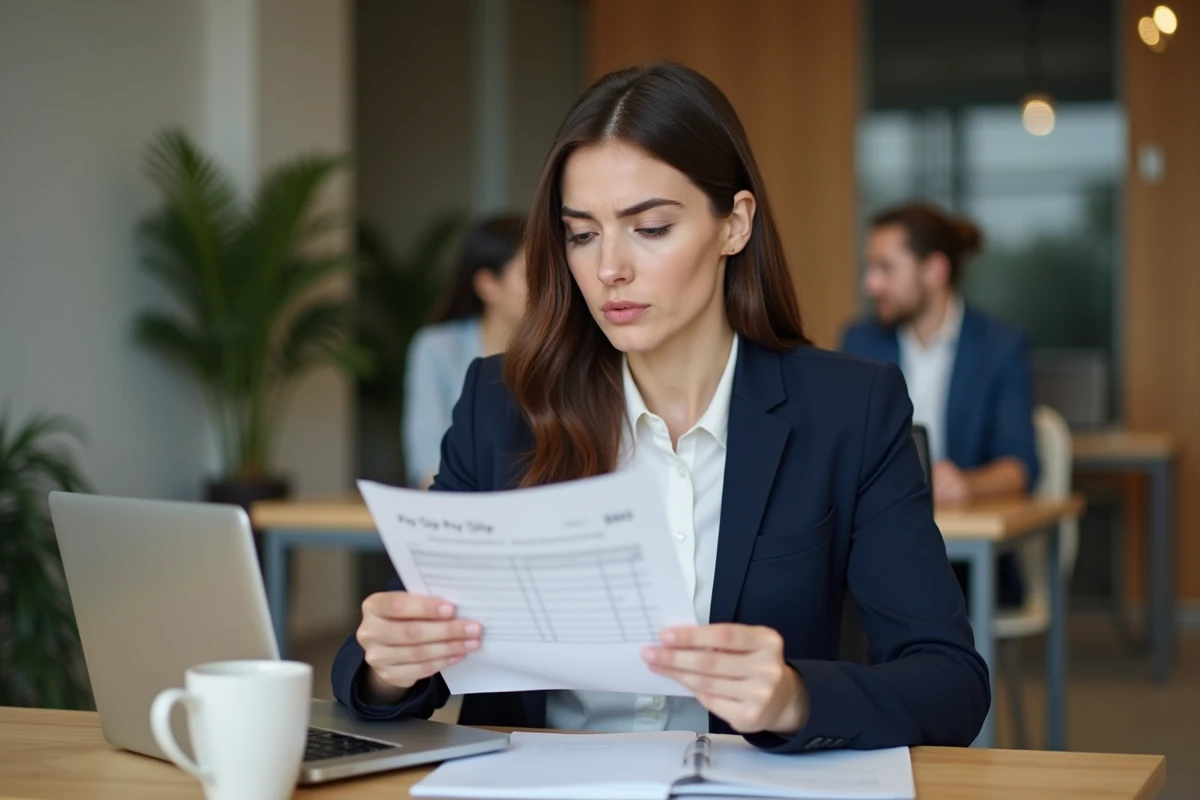Femme employée en CDI consultant sa fiche de paie au bureau, illustrant la différence entre salaire brut et net à 1800 euros