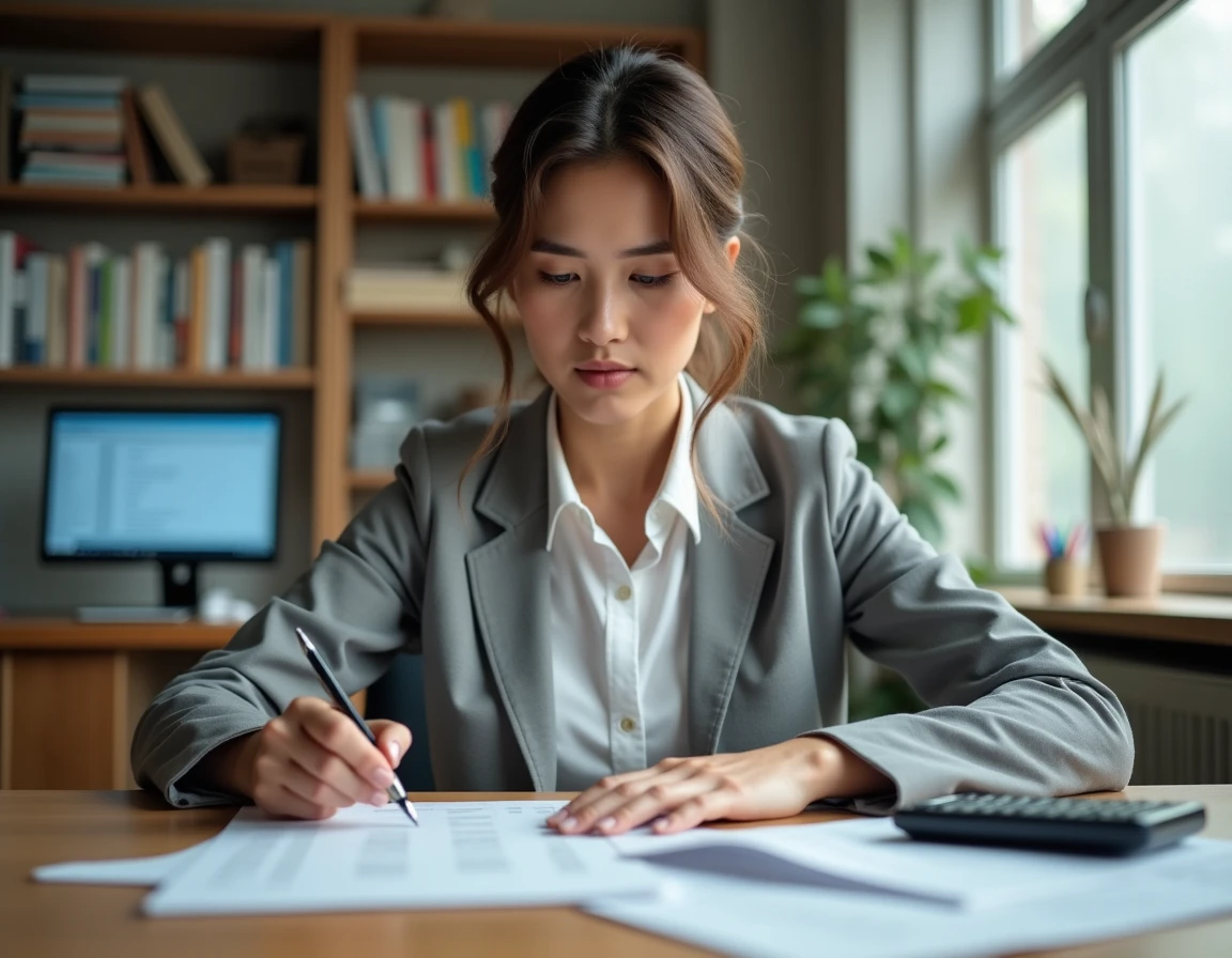 Femme employée examinant ses fiches de paie et calculant sa prime d'activité dans un bureau