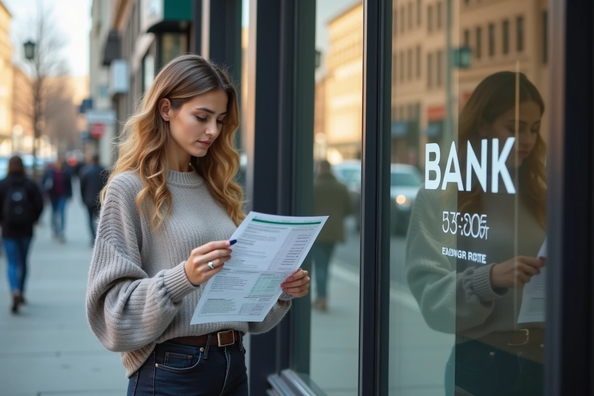 Femme examine des taux hypothecaires en extérieur