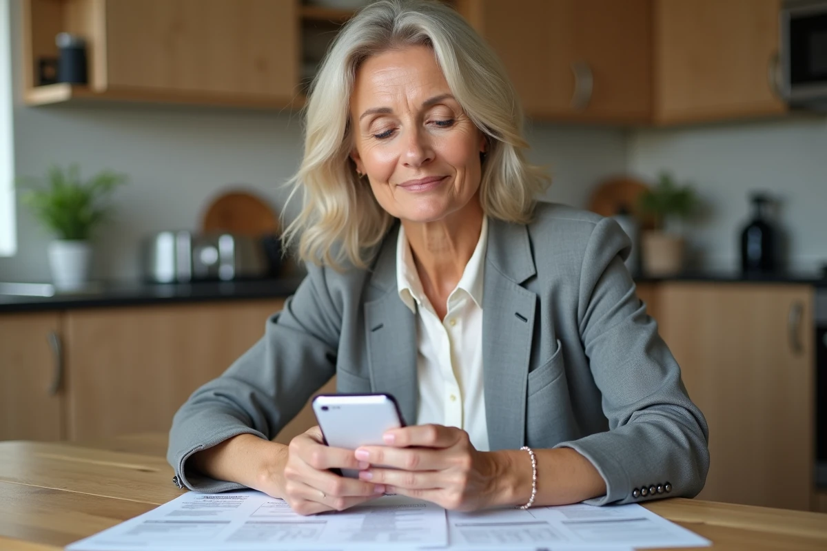 Femme utilisant son smartphone pour consulter une facture Free Mobile comme justificatif fiscal