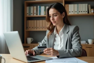 Femme professionnelle gérant ses comptes bancaires LCL en ligne depuis son bureau à domicile avec son ordinateur portable