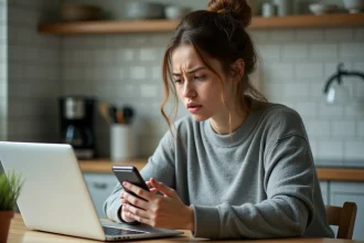 Femme inquiète consultant son compte Amazon sur smartphone après avoir remarqué un débit suspect AMZ digital FRA