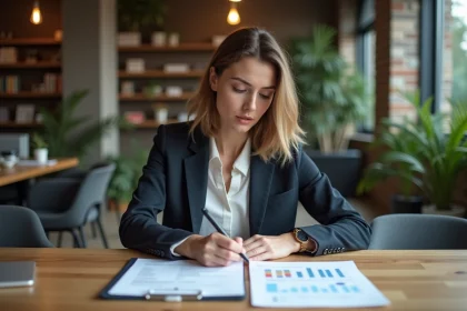 Femme concentrée examinant des documents d'investissement dans un espace de coworking