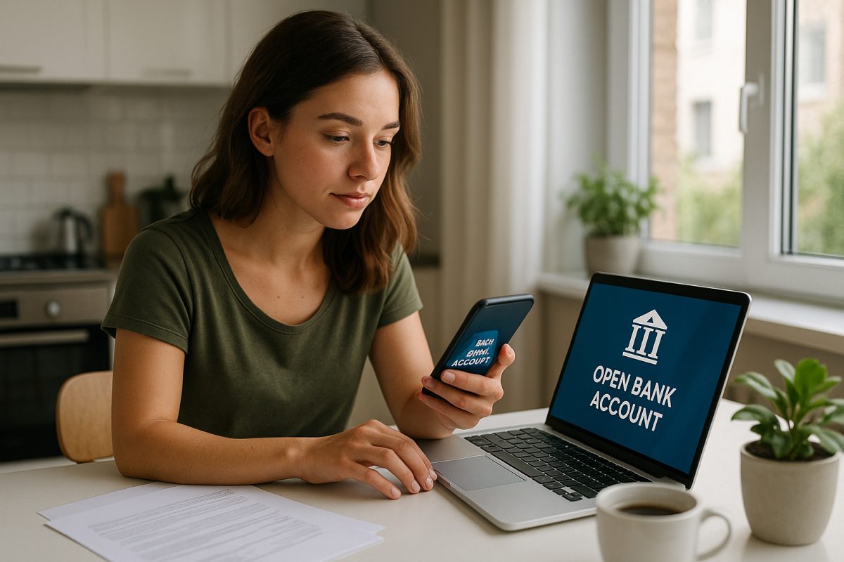 Jeune femme utilisant un ordinateur pour ouvrir un compte bancaire en ligne