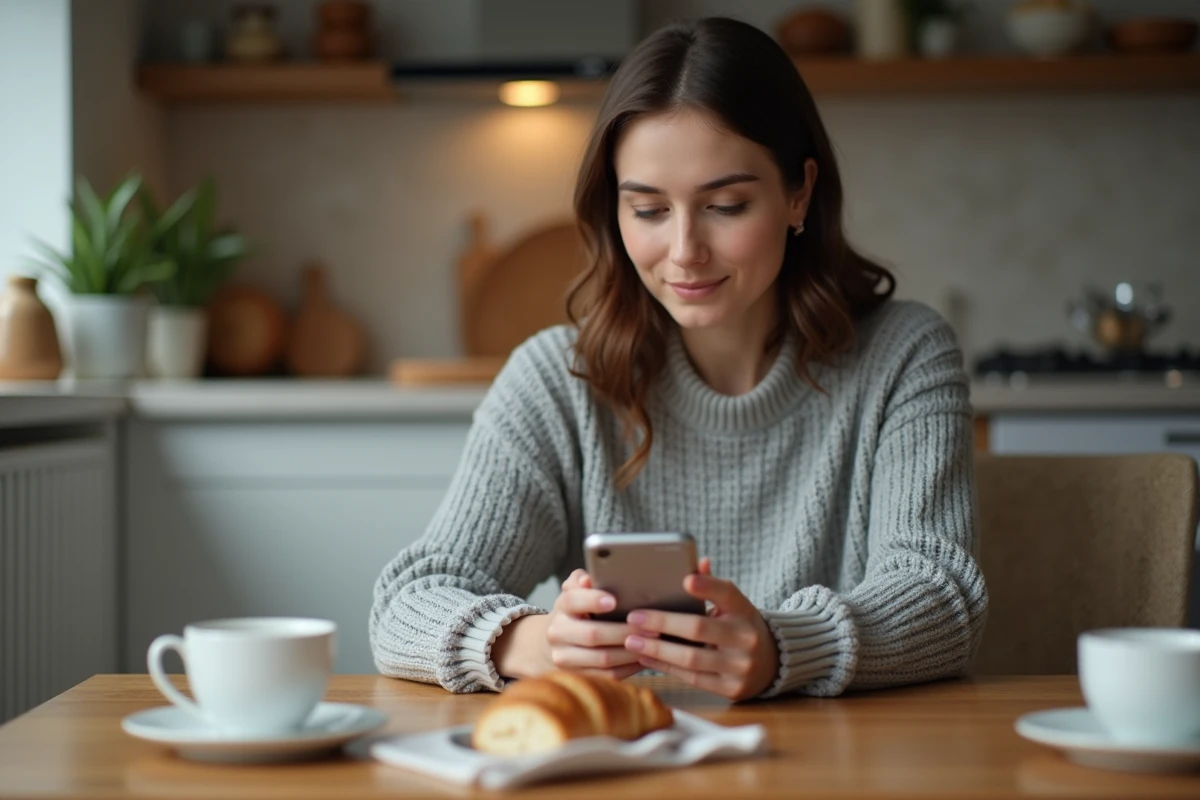 Femme utilisant l'application Free Mobile sur son smartphone pour payer sa facture depuis sa cuisine