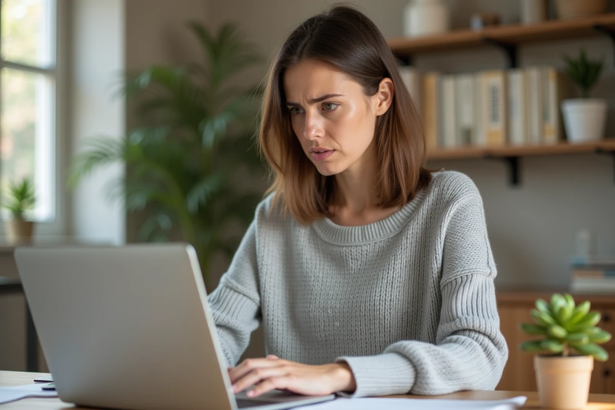 Femme frustrée devant son ordinateur portable tentant de se connecter au site Société Générale depuis son bureau à domicile