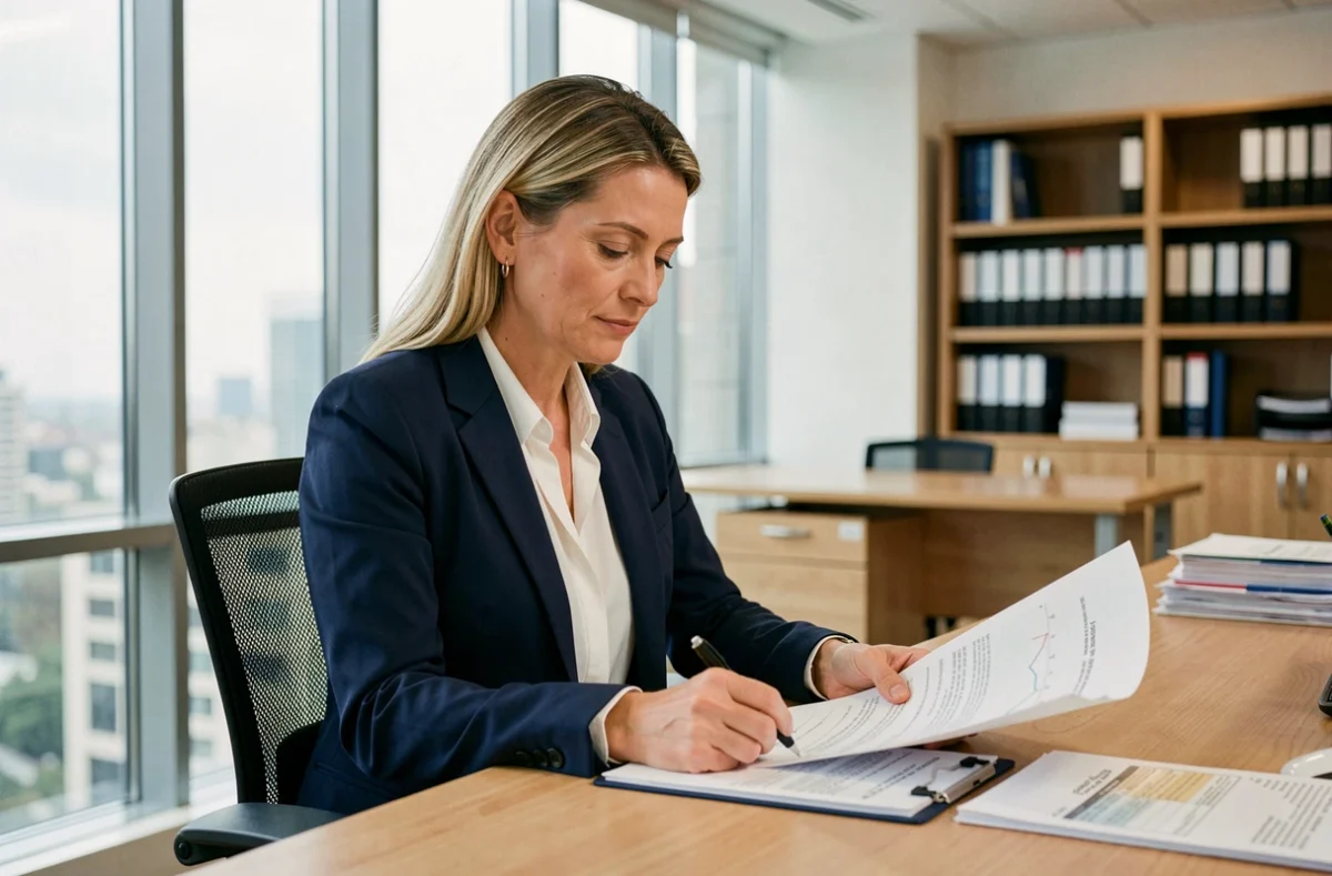 Femme professionnelle consultant des documents d'assurance RC pro dans un bureau moderne