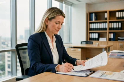 Femme professionnelle consultant des documents d'assurance RC pro dans un bureau moderne