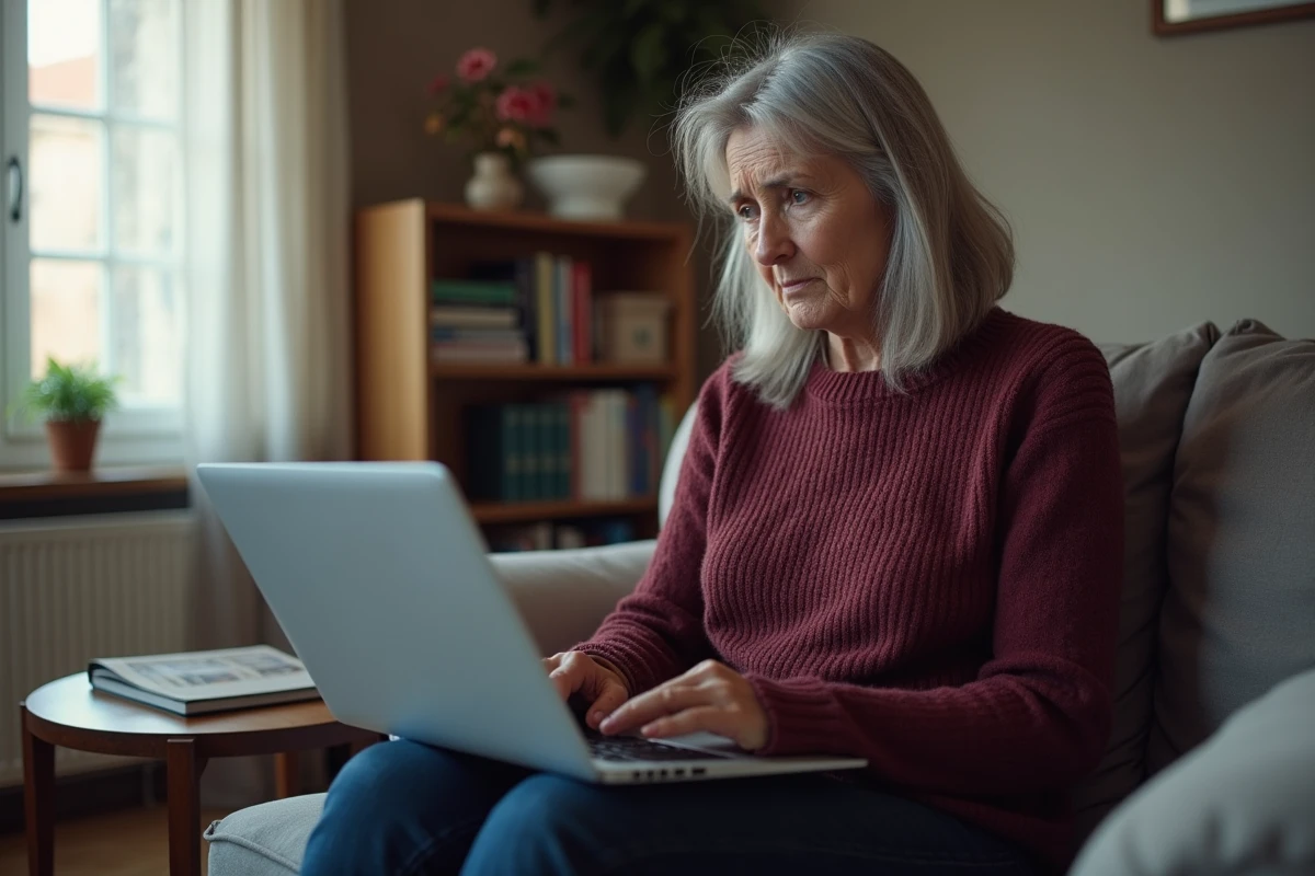 Femme cherchant les conditions d'éligibilité au RSA 2026 sur un ordinateur portable chez elle
