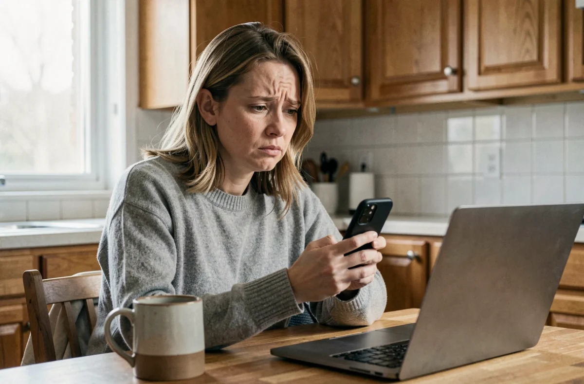 Femme cherchant le numéro de téléphone de Boursorama sur son smartphone dans sa cuisine