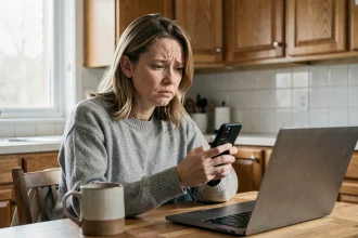 Femme cherchant le numéro de téléphone de Boursorama sur son smartphone dans sa cuisine