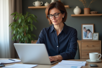 Femme d'âge moyen travaillant sur son ordinateur dans un bureau moderne