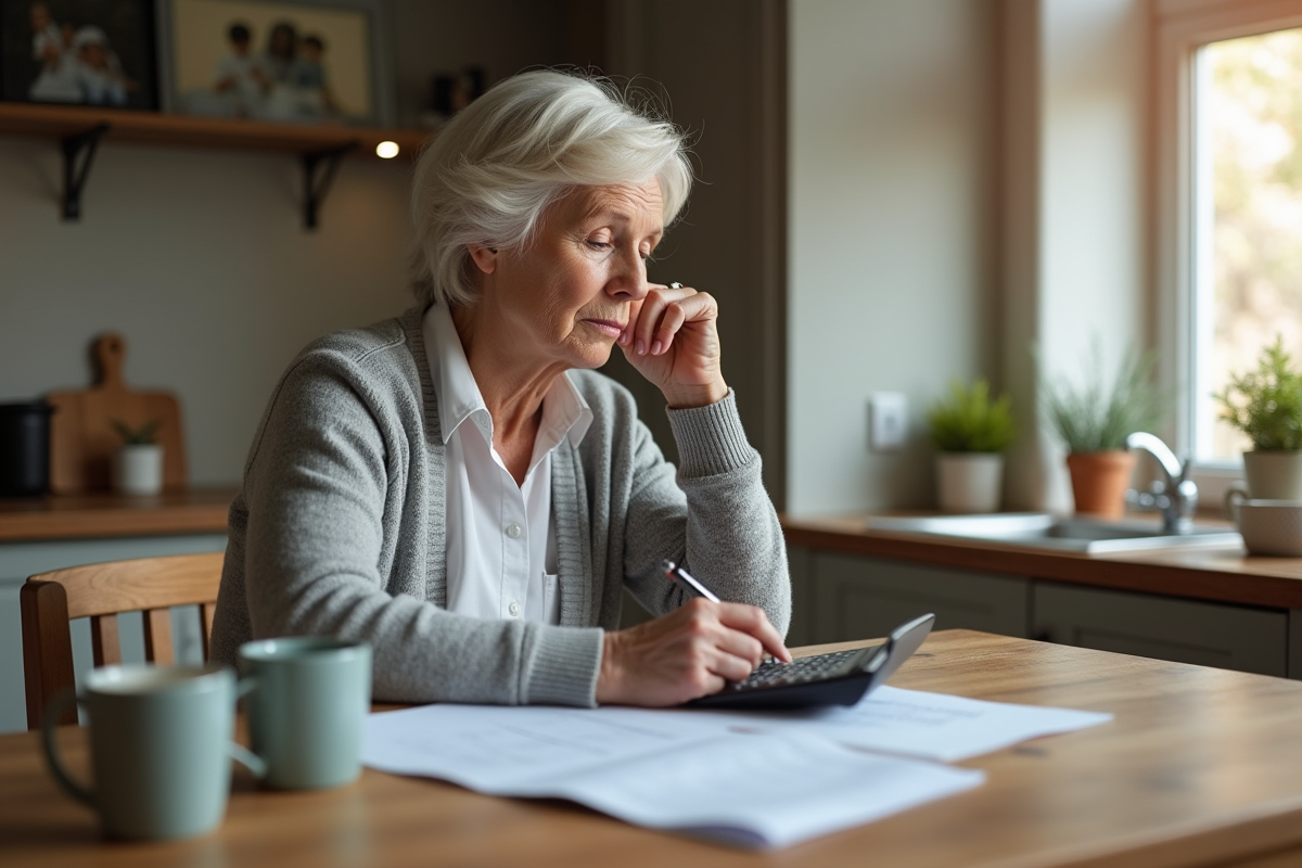 Femme retraitée examinant des papiers de pension dans une cuisine chaleureuse