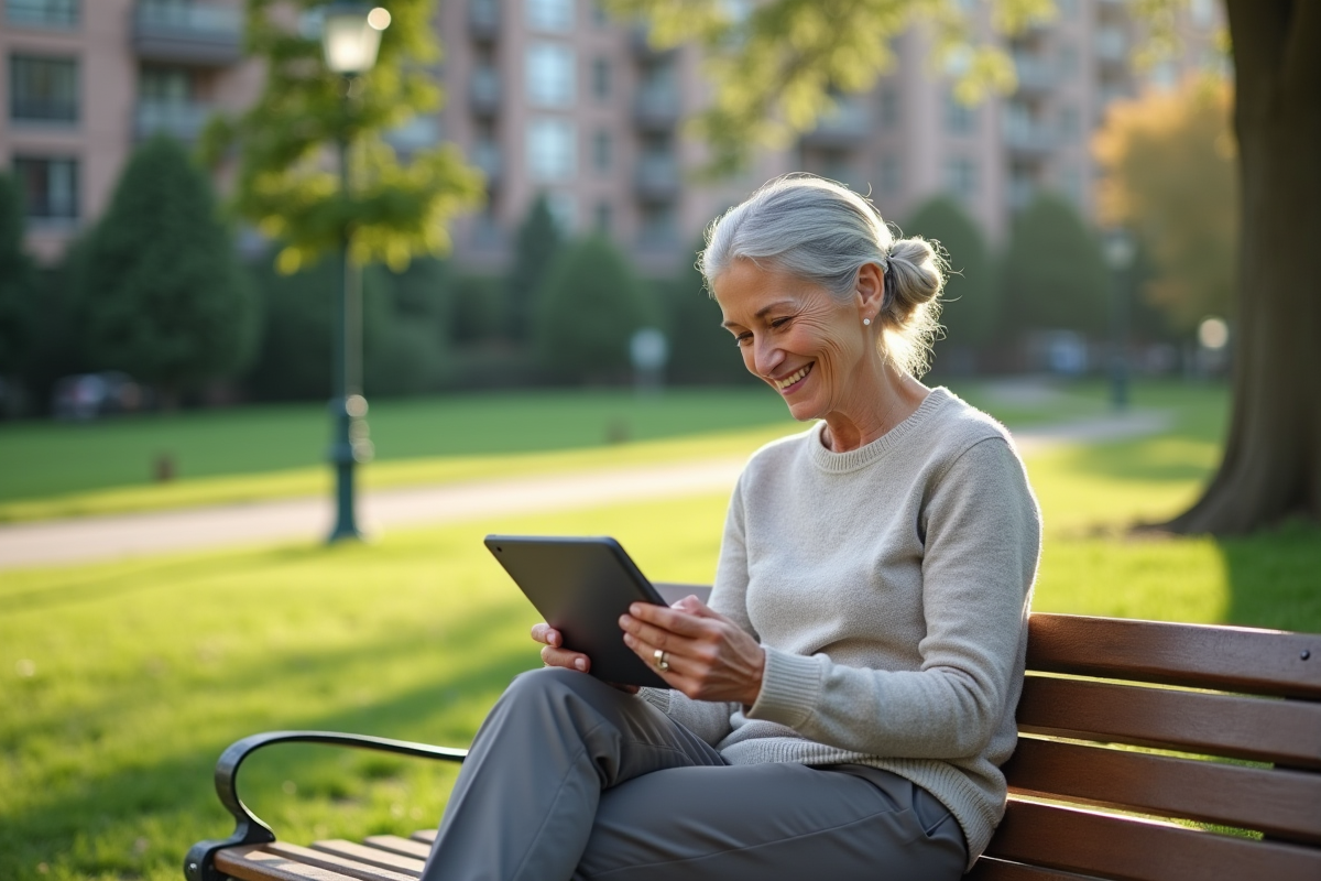 Femme retraitée souriante utilisant une tablette dans un jardin public