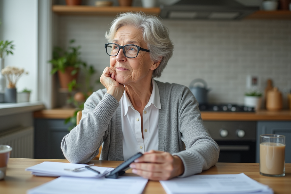 Femme retraitée en cuisine avec documents et calculatrice