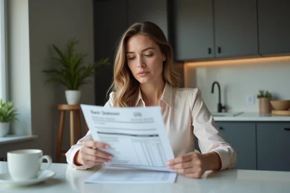 Femme regardant un relevé bancaire dans la cuisine