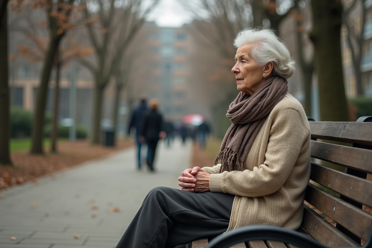 Femme âgée assise sur un banc de parc contemplant la rue