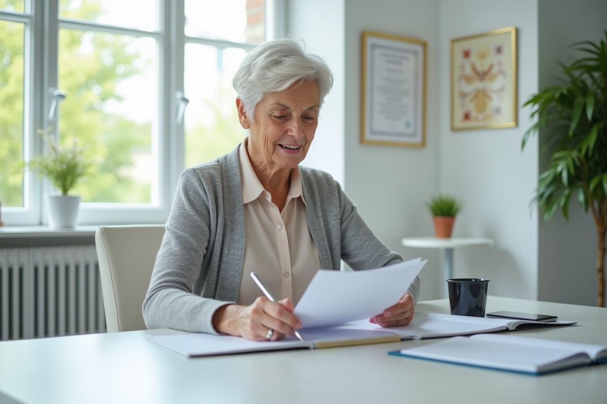 Femme senior en bureau moderne consultant sa pension