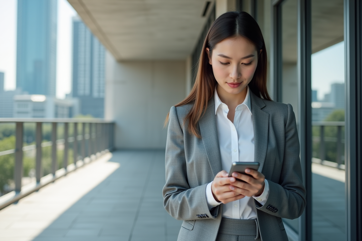Femme en costume vérifiant une application sur smartphone dehors