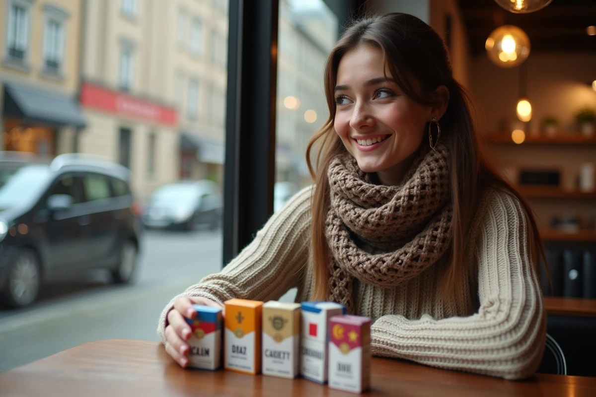 Femme souriante avec paquets de cigarettes dans un cafe européen