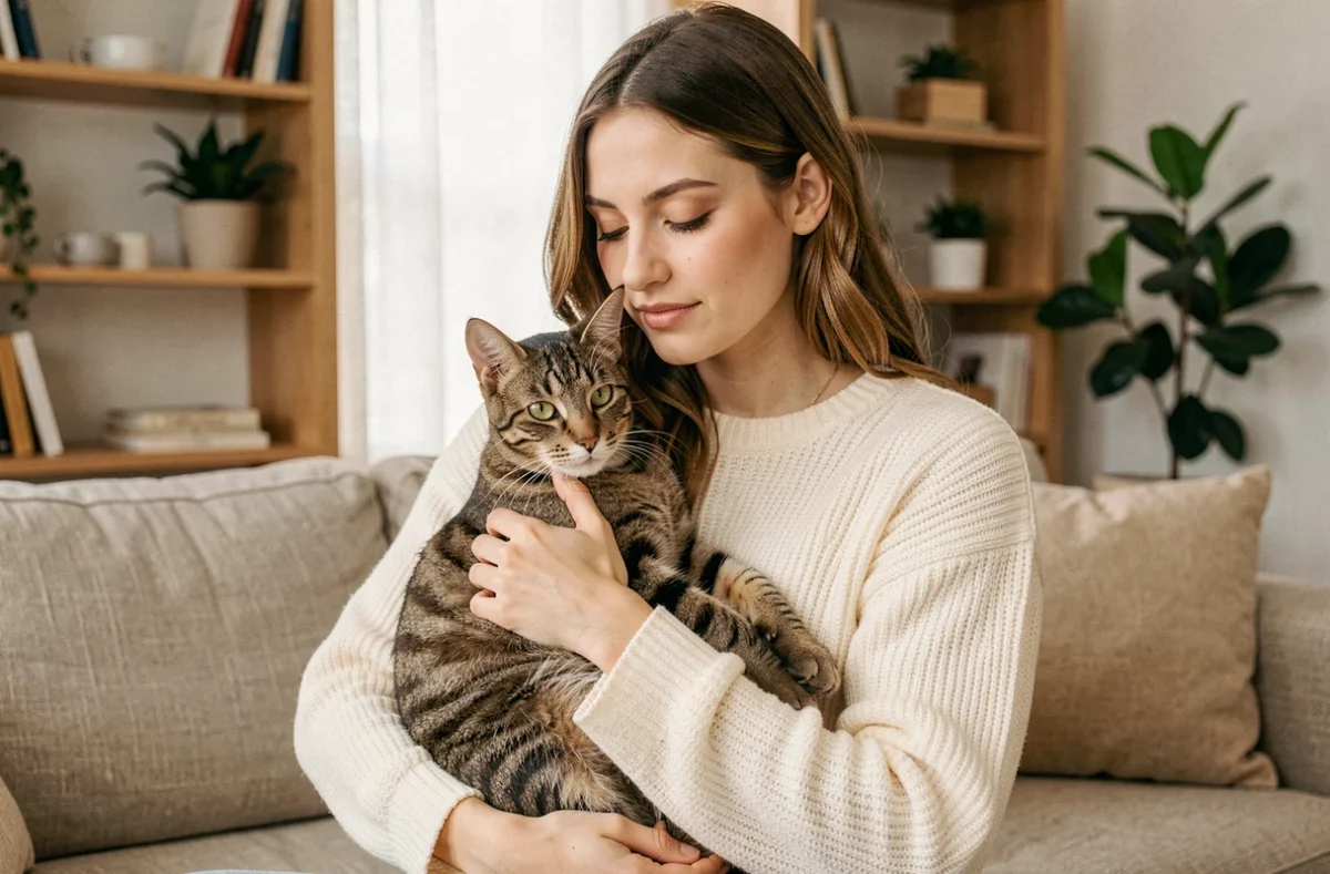 Jeune femme tenant tendrement un chat tigré dans ses bras dans un salon moderne cosy, illustrant l'assurance chat adaptée aux besoins des propriétaires