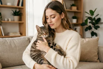 Jeune femme tenant tendrement un chat tigré dans ses bras dans un salon moderne cosy, illustrant l'assurance chat adaptée aux besoins des propriétaires