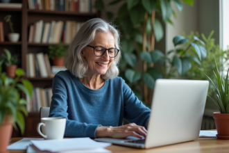 Femme d'âge moyen travaillant à son bureau à domicile