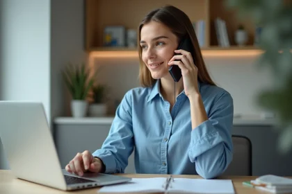 Jeune femme au téléphone dans un bureau moderne