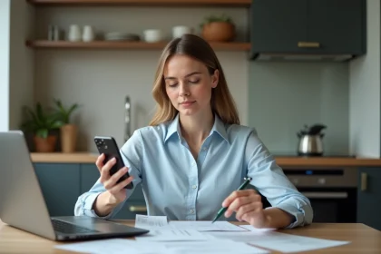 Femme d'affaires triant des papiers dans une cuisine moderne