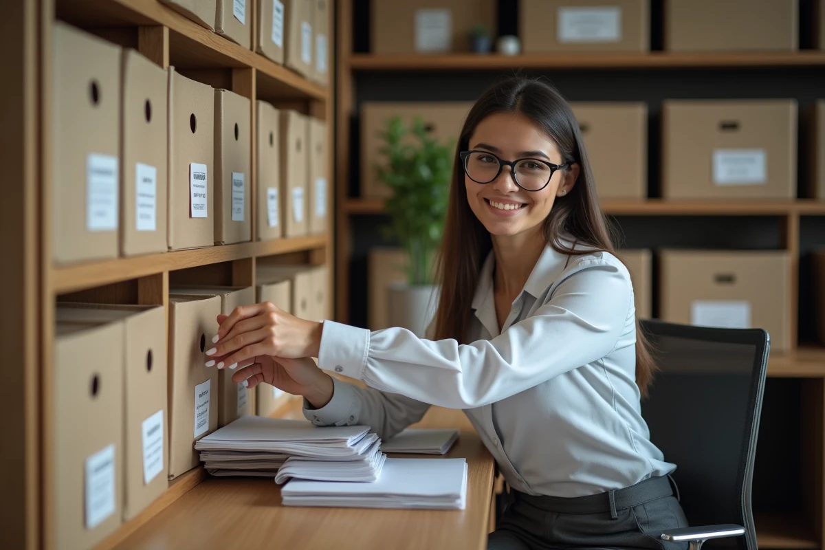 Jeune femme organisée triant des papiers dans un bureau
