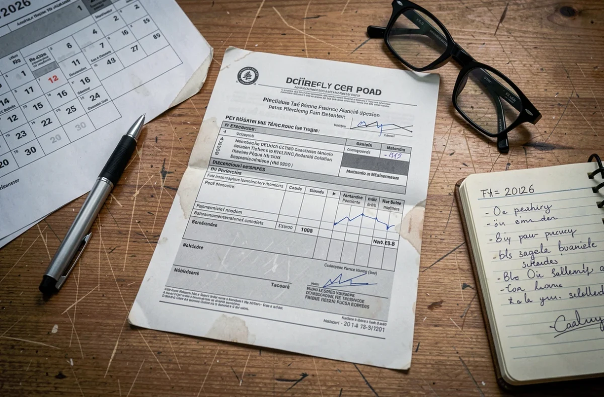 Vue de dessus d'une fiche de paie officielle d'enseignant avec calendrier scolaire 2026 et notes manuscrites sur un bureau en bois