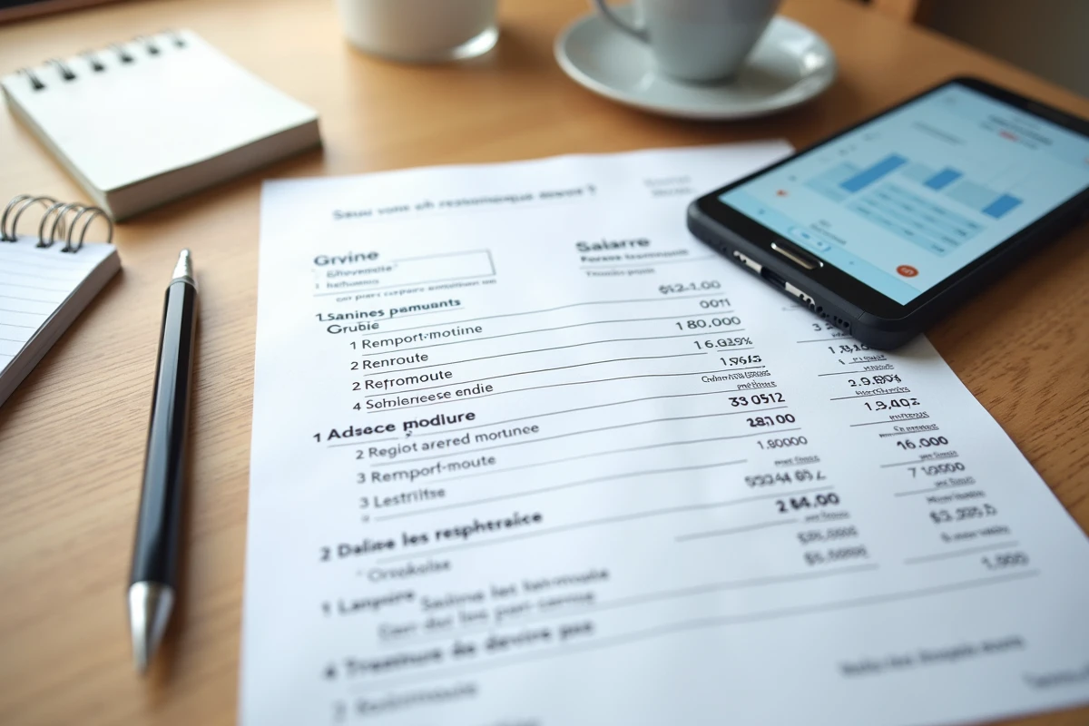 Vue aérienne d'une fiche de paie française avec montant brut et net à côté d'une simulation de salaire sur smartphone