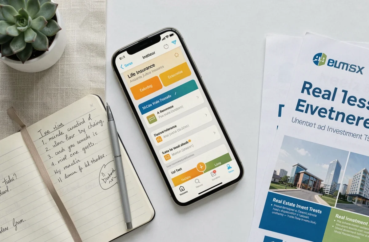 Flat lay d'un smartphone avec application d'assurance vie et documents SCPI sur un bureau