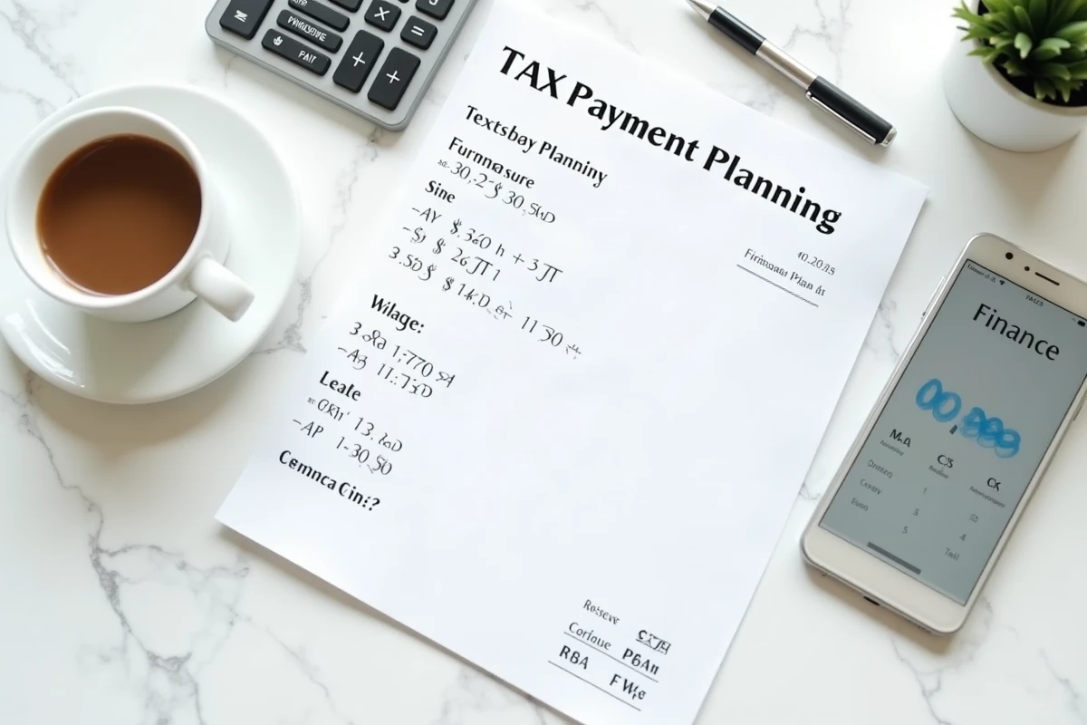 Vue aérienne d'un bureau avec calculatrice, documents fiscaux et smartphone pour planifier les acomptes d'IS et de TVA