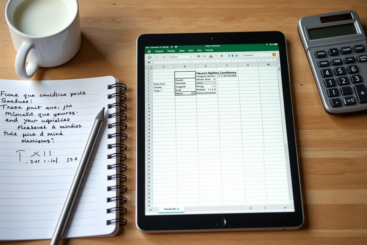 Vue aérienne d'une tablette affichant un tableau Google Sheets de calcul d'heures centièmes avec cahier et calculatrice sur bureau en bois