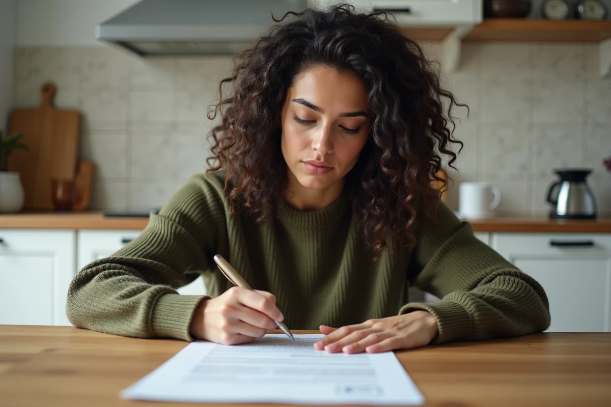 Jeune femme remplissant un formulaire de contestation d'inscription au fichier préventel à domicile