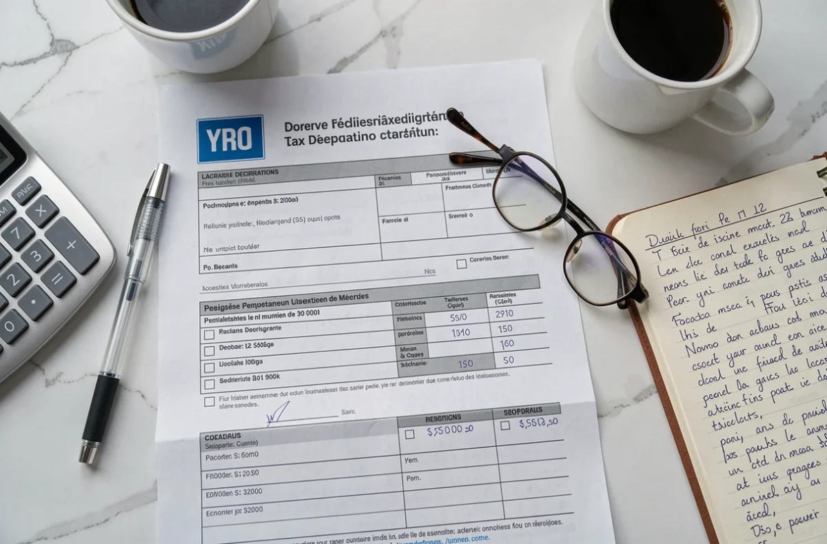 Vue aérienne d'une déclaration d'impôts française avec calculatrice et stylo sur un bureau, illustrant le barème progressif 2026