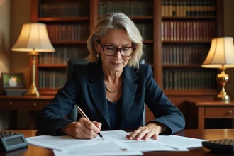 Notaire examinant des documents officiels de tutelle et curatelle dans un bureau juridique professionnel