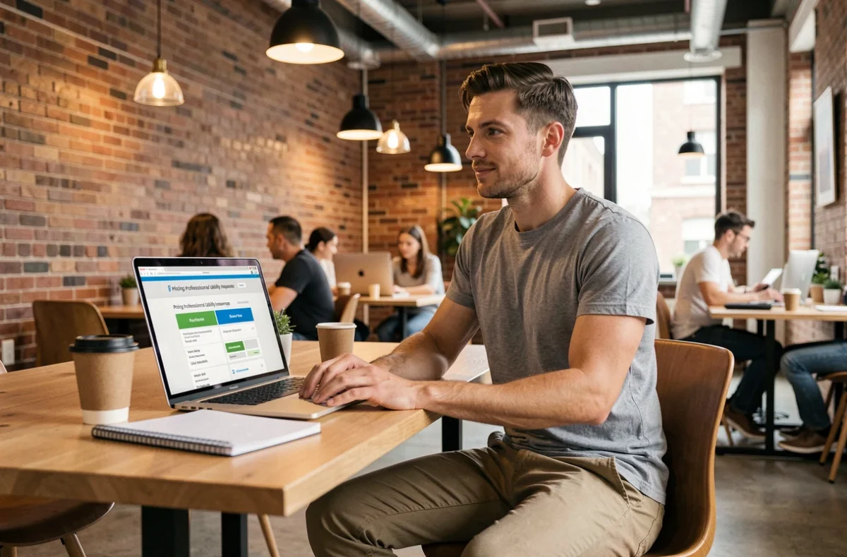 Freelance consultant les tarifs d'une assurance responsabilité civile professionnelle sur ordinateur portable dans un espace de coworking