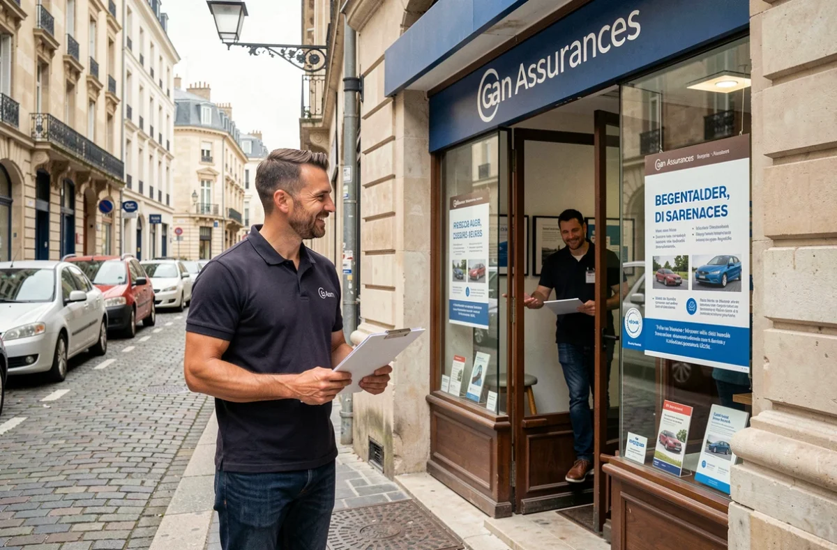 Un conseiller Gan Assurances accueille un client à l'entrée d'une agence dans une rue française