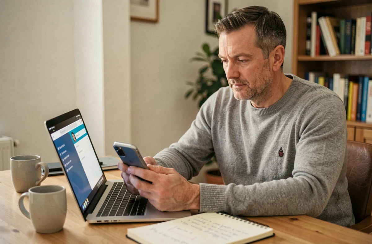 Homme gérant ses opérations bancaires en ligne en toute sécurité depuis son domicile