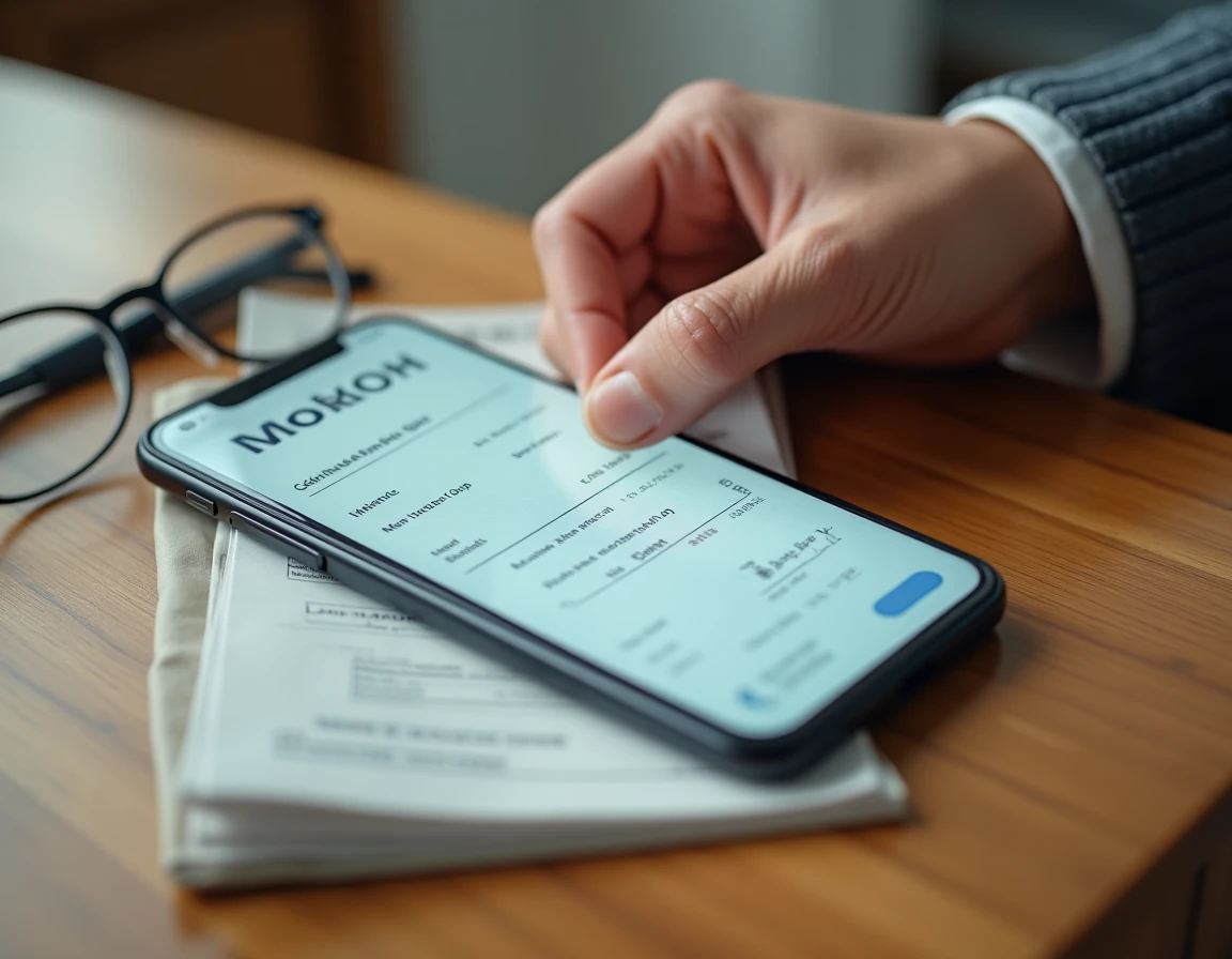 Gros plan sur un chèque de banque Crédit Agricole tenu à la main avec une application bancaire mobile affichant le délai d'encaissement