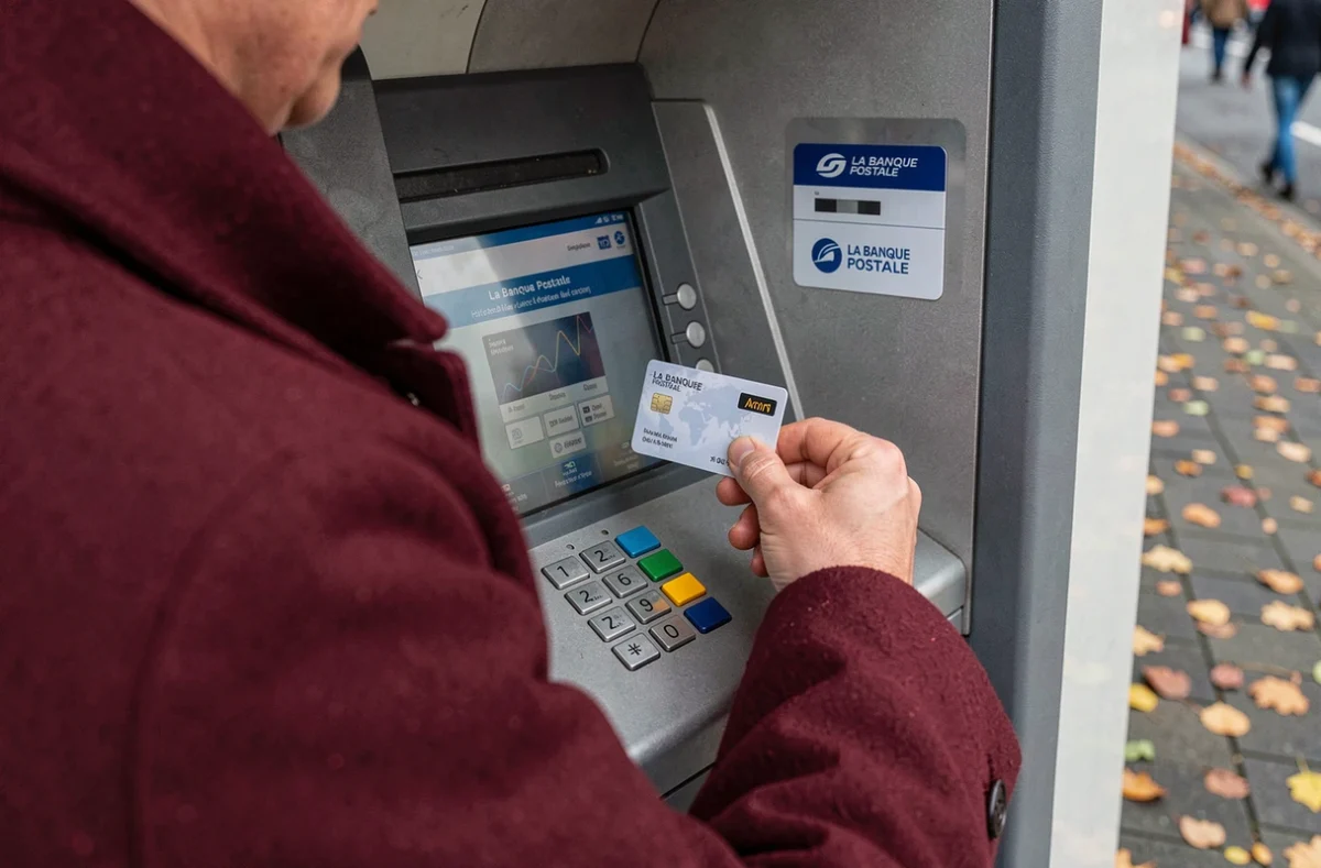 Gros plan sur les mains d'un client effectuant un retrait partiel au clavier d'un distributeur La Banque Postale