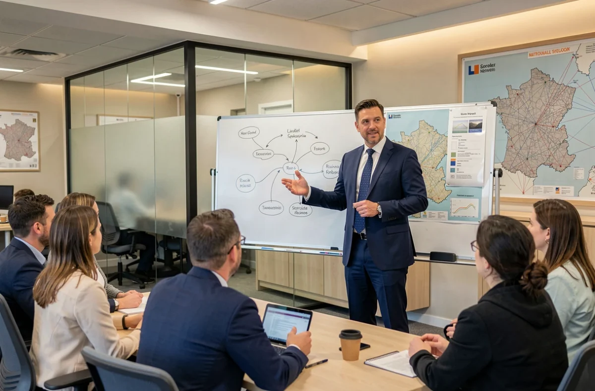 Consultant du Groupe Quintesens animant une réunion d'équipe dans un bureau moderne avec des cartes du réseau national affiché au mur