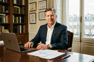Homme d'affaires en costume sombre assis à un bureau parisien entouré de documents financiers, illustrant la fortune et le patrimoine d'un cadre supérieur français